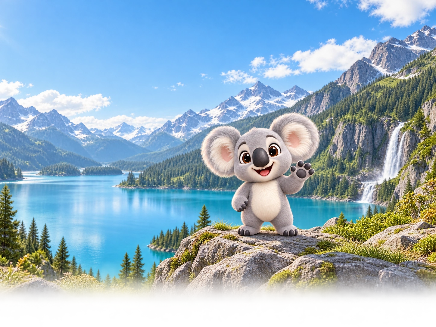 A friendly koala pointing to a colorful logic puzzle on a phone, beside a sunny mountain lake