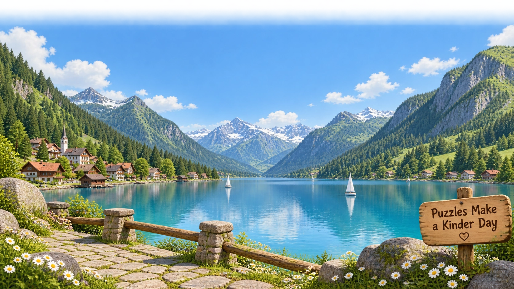 A peaceful mountain lake with a wooden sign: Puzzles Make a Kinder Day